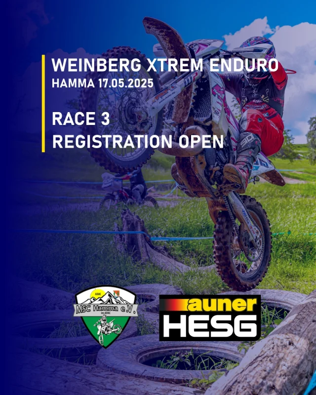 📄 REGISTRATION 3. RENNEN WEINBERG XTREM ENDURO HAMMA OFFEN ‼
Anmeldung für HESG&LUMINUS ENERGIE HESG Kids hier möglich⬇⬇⬇
https://www.hardenduro-germany.de/?page_id=229589

Zusätzlich gibt es am Sonntag noch ein Kids Laufradrennen sowie einen Cross Country Lauf. Eine Nennung ist ebenfalls unter den Link möglich.
_________________________
📄 REGISTRATION 3. RACE WEINBERG XTREM ENDURO HAMMA OPEN ‼
Registration for HESG&LUMINUS ENERGIE HESG Kids here ⬇⬇⬇
https://www.hardenduro-germany.de/?page_id=229589

Additionally, there will be a Kids balance bike race and a cross-country run on Sunday. Registration is also possible via the link.

#hardenduroseriesgermany @auner_official