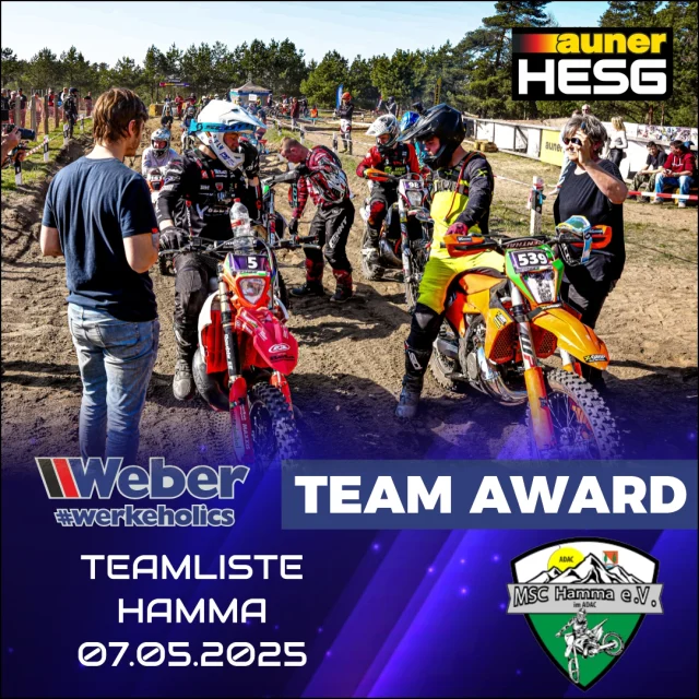 📄 WEBER #werkeholics Team Award - Teamliste Hamma

➡ https://www.hardenduro-germany.de/wp-content/uploads/2025/05/TeamAwardStarterlisteHamma2025.pdf

Foto: @michel238pic #hardenduroseriesgermany @weberwerke