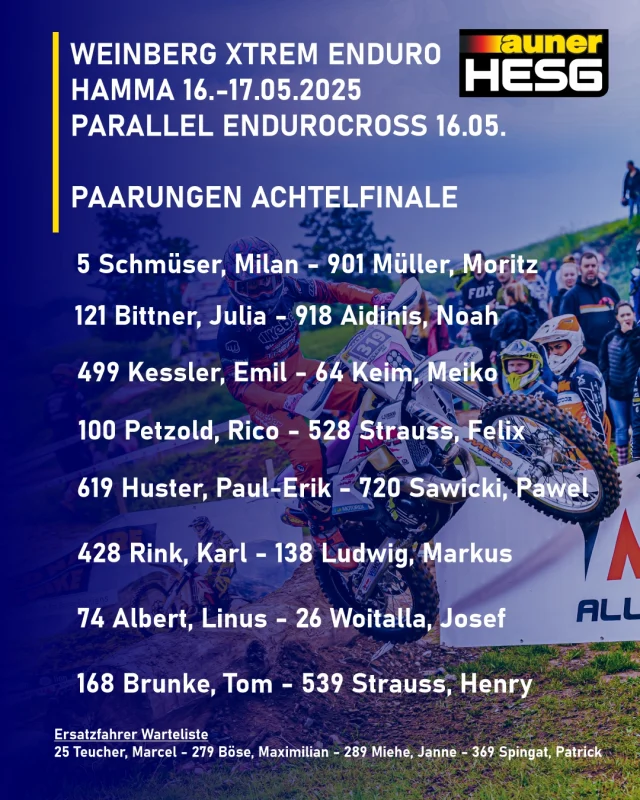 PARALLEL ENDUROCROSS HAMMA

Die Paarungen für das Achtelfinale stehen fest...
https://tinyurl.com/4emnjb6b

Foto: @michel238pic